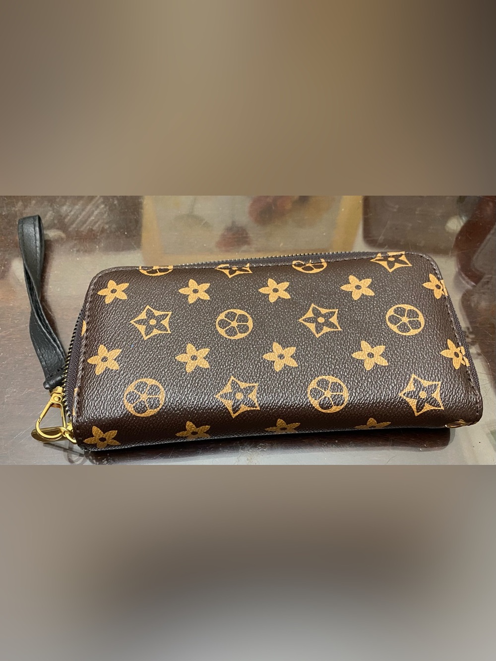 Designer-Inspired Brown and Gold Women's Zip Wallet